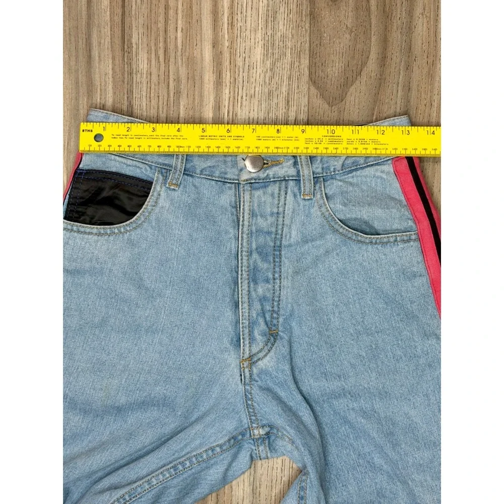 Koche Women Light Wash Designer Paris Jeans Pink Stripe Black Satin $465 MSRP 26